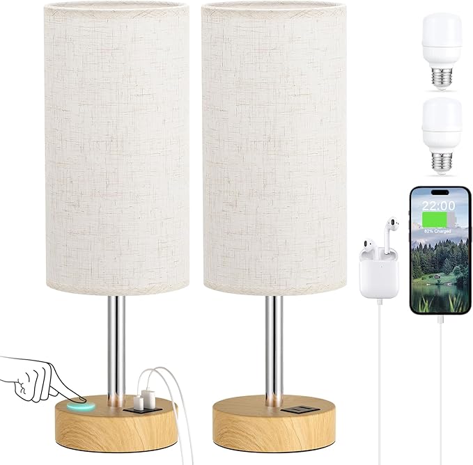 Touch Bedside Lamps Set of 2 - 3 Way Dimmable Table Lamps for Bedroom, Nightstand Lamp with Wooden Charging Station for Kids Room Dorm, Small Desk Lamp for Living Room, Office, Kids Room, Nursery