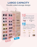 BAGSMART Hanging Jewelry Organizer, Dust Proof Sunglasses Storage Case Wall Mounted, Travel Dual Sided Glasses Case Multiple Pairs, Eyeglasses Holder with 32 Clear Slots & Metal Hook, Pink