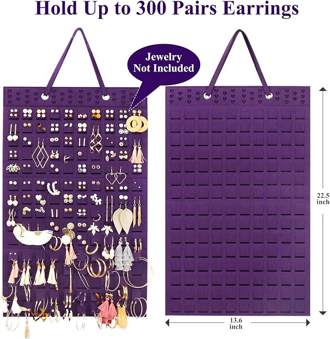 Hanging Earrings Organizer, Wall Earring Holder with 2 Hooks, Holds Up To 300 Pairs, Compact Design, Soft Material-Dark Purple
