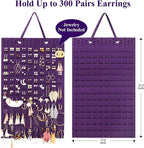 Hanging Earrings Organizer, Wall Earring Holder with 2 Hooks, Holds Up To 300 Pairs, Compact Design, Soft Material-Dark Purple