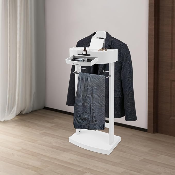 Eapmic Wooden Freestanding Clothes Stand with Sturdy Base, Multi-functional Suit Valet Stand, Coat Rack with Top Drawer, Tie Hangers, and Storage Compartments for Office, Bedroom, Living Room (White)
