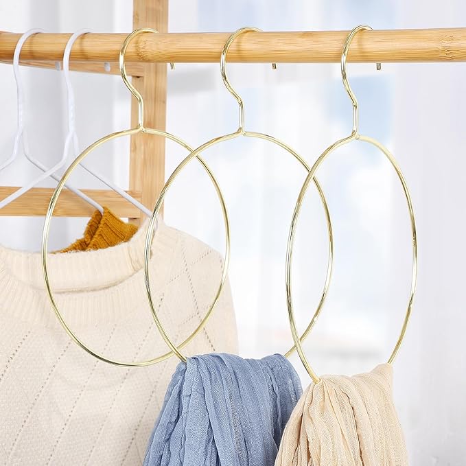 10 Pcs Golden Scarf Organizer for Closet, Clothes Belt/Scarf Hangers for Closet, Space Saving Steel Tie Scarves Rings Holder for Neckties, Shawls, Scarves, Veils, Pashminas Display, Sorting