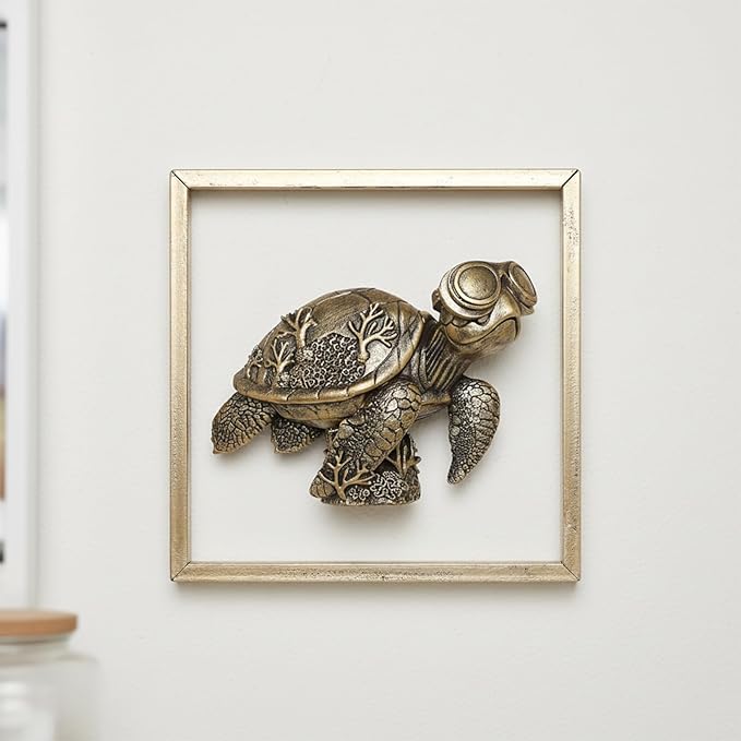 Newinhome Animal Heads Wall Decor (Includes Metal Frame) Resin sea turtle Sculptures Wall Hanging Decoration Gold vintage Wall Sculpture for Living Room Bedroom Office(Turtle)