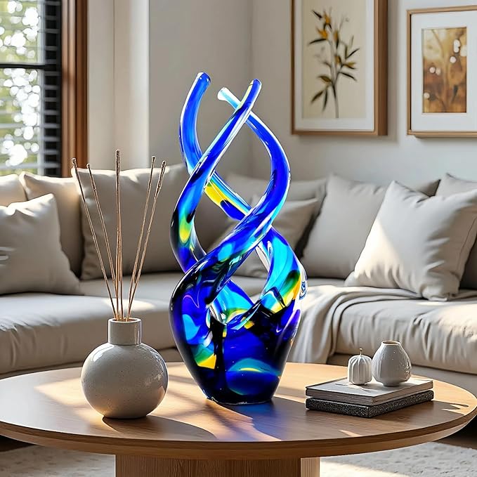 Hand Blown Glass Decor - Cobalt Blue Glass Sculpture - Ocean Theme Spiral Kinetic Figurine, Light Reactive Gradient Decor for Home Office Garden, Ideal Gift for All Occasions
