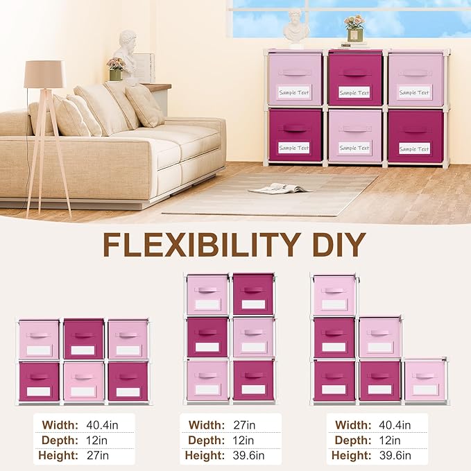 Geelin 6 Pink Cube Storage Organizer with Fabric Bins and Labels, 11 Inch Collapsible Toy Organizer Shelf Storage Bins Dresser Drawer for Girls Bedroom Nursery Playroom Room Decor