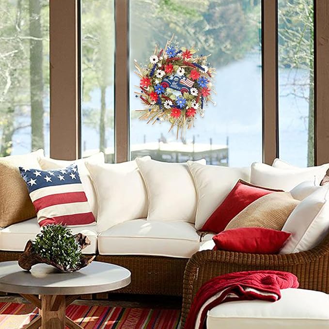 Idyllic 20Inch 4th of July Wreath Patriotic Independence Wreath for Front Door, Red White and Blue Daisy for Memorial Day Independence Day Veterans Day Front Door Decoration