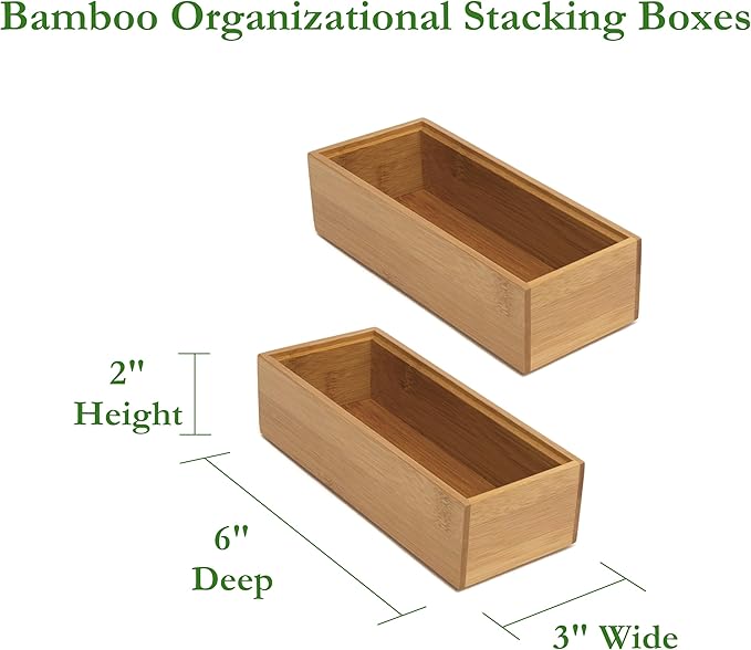 Lipper International 8180S Bamboo Wood Stacking Drawer Organizer Box, 3" x 6", Set of 2