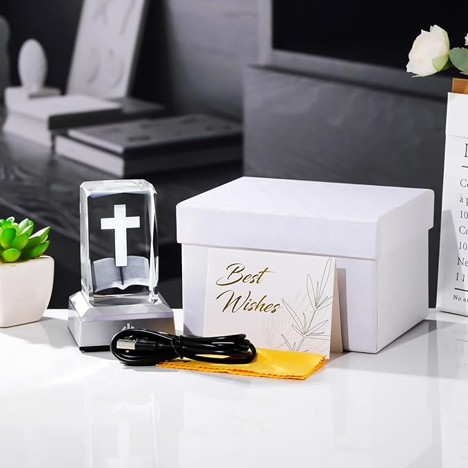 YWHL 3D Crystal Cross Figurine with Colorful Light Base, Laser Engraved Bible Religious Gifts for Women Men, Christian Collectible Decoration for Home Office