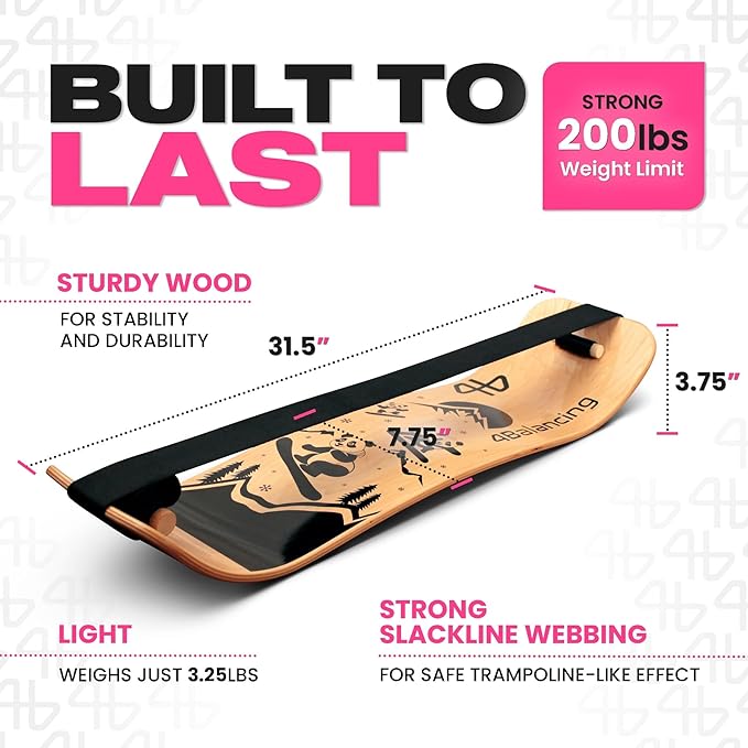 Balance Board for Kids - Slackline Wooden Wobble Board - Slackboard Balance Trainer for Coordination - Training for Skateboard, Snowboard, Football, Soccer, Baseball, Basketball