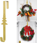 Wreath Hangers for Front Door,15" Sturdy Metal Wreath Doors Hangers,Over The Door Hooks for Front Porch Decor,Garland Hooks Holders for Halloween Christmas Decorations (Gold Christmas Tree, 4 Pack)