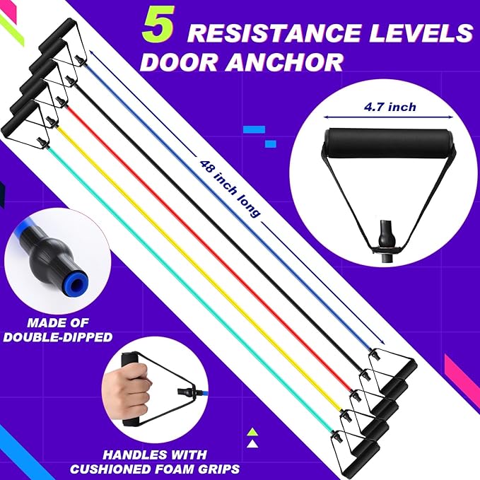 Leyndo 5 Pcs Exercise Resistance Bands with Handles Physical Resistance Tube Workout Bands with Door Anchor for Men Women Muscle Toning Strength Training