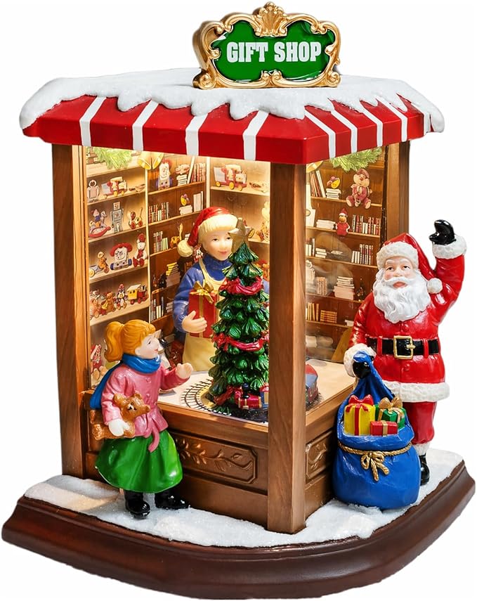 MOMENTS IN TIME Christmas Village Vintage Corner Gift Shop with Santa Claus LED Lights & Music, 8 Christmas Songs, Battery Operated, Handcrafted Polyresin Santa Figurine Holiday Decoration