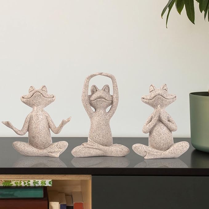 Suoedd Sandstone Frog Figurines Yoga Decor Set of 3 –Frog Yoga Statues for Modern Living Room Table Office Bookshelf Shelves Home Sculptures Decor