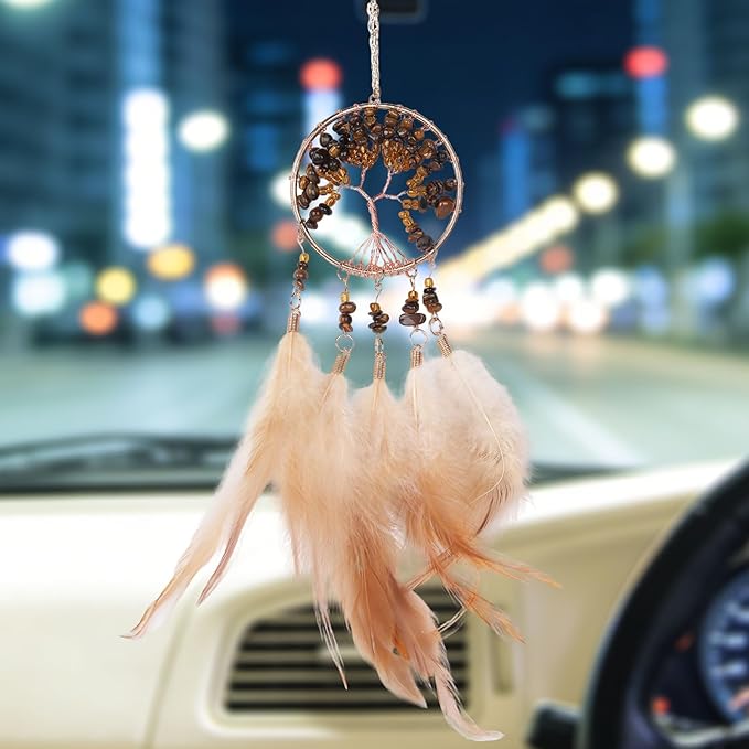 Pretty Jolly Small Tree of Life Crystal Stone Dream Catchers Brown Feathers Mini Dreamcatchers for Cars Rear View Mirror Hanging Decoration Good Luck Travel Charm Bedroom Ornaments for Women Girls