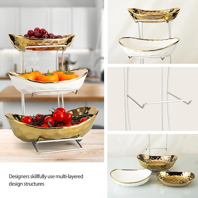 jessie 3 Tier Ceramic Fruit Basket for Kitchen Counter with Metal Stand, Fruit Bowls with Rack, Porcelain Bowls for Vegetable Bread Candy Snack Nuts Dessert Cake Tray (Gold Triple Layer)