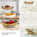 jessie 3 Tier Ceramic Fruit Basket for Kitchen Counter with Metal Stand, Fruit Bowls with Rack, Porcelain Bowls for Vegetable Bread Candy Snack Nuts Dessert Cake Tray (Gold Triple Layer)