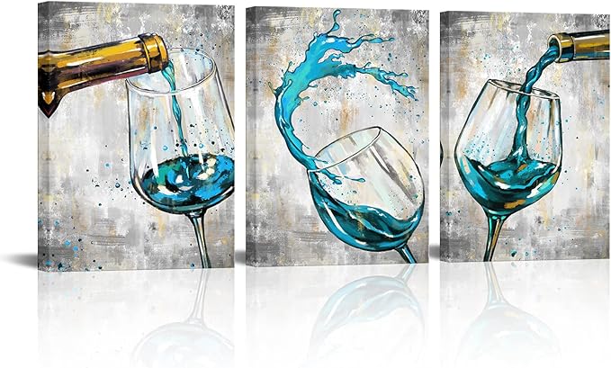 Conipit Wine Wall Art Teal Grey Wall Decor Teal Wineglass Pictures Vintage Wine Canvas for Kitchen Dining Room Framed Giclee Modern Wall Decor 12x16inch per each