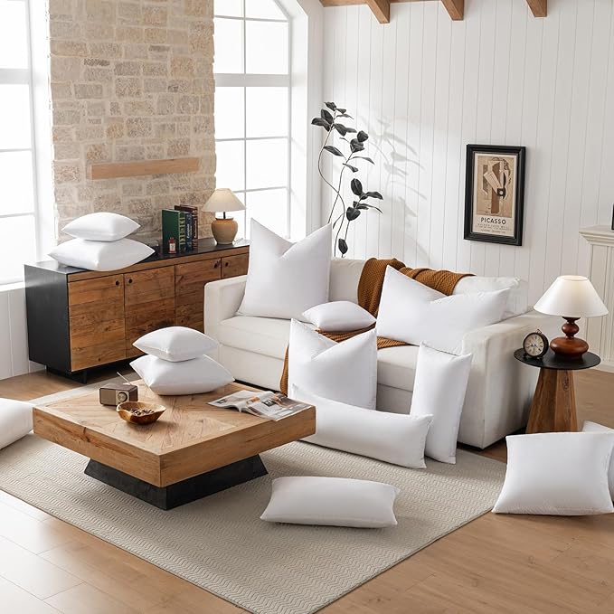 Basic home14x24 Decorative Throw Pillow Inserts-Down Feather Pillow Inserts-Oblong-Cotton Fabric-Set of 2-White.