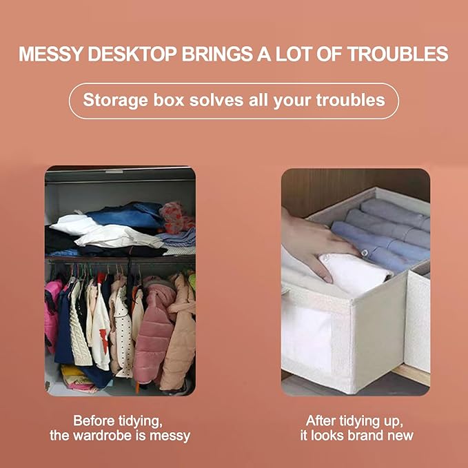 Cotton Linen Drawer Organizer Bins Set of 2 - No Lid Clothes Storage Drawers, Fabric Foldable Stackable Organizers for Closet Bedroom Dorm Underbed Storage