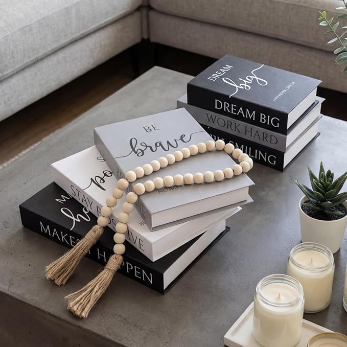 Menkxi 6 Aesthetic Decorative Books Set with Tassel Wood Bead Motivational Table Decor Encouragement Faux Book with Inspirational Design for Home Coffee Table Modern Decoration Photo Storage Box