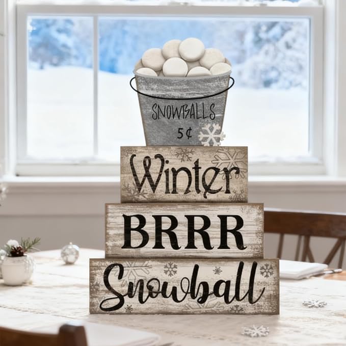 Moucuny 4 Pcs Winter Table Decorations Winter Tiered Tray Decor Christmas Table Centerpiece Rustic Decorative Snowball Snow Bucket Block Sign Farmhouse Christmas Decorations for Home Kitchen Shelf