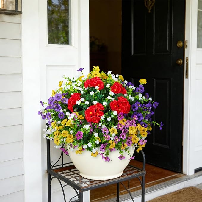 Fake Artificial Silk Flowers for Outdoors with Realistic UV Resistant, Faux Plants for Outside Indoor, Home Patio Garden Back Yard Front Poch Decor Spring Summer(12 Bunches)