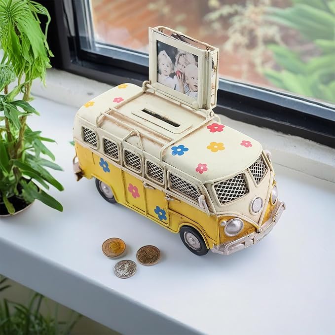 Vintage Camper Van Coin Bank with Photo Holder, Retro Hippie Van Decor with Tropical Flower Decals, Coastal Shelf Decoration, Yellow