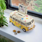 Vintage Camper Van Coin Bank with Photo Holder, Retro Hippie Van Decor with Tropical Flower Decals, Coastal Shelf Decoration, Yellow