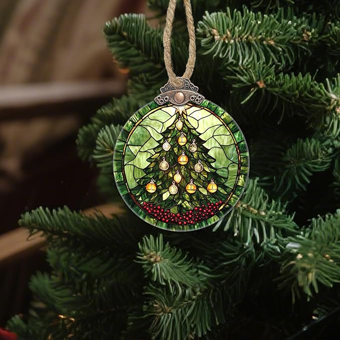 DASTOLL Stained Glass Christmas Decorations, Golden Bell Red Berries Suncatcher for Window Christmas Tree Hanging Ornaments Green Sun Catcher Xmas Decor Gifts for Women Men Mom Nana Friend