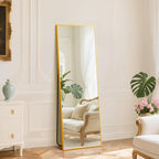 DUMOS 16"x59" Full Length Mirror with Stand, Floor Standing Aluminum Frame, Shatter-Proof Nano Glass for Bedroom, Living Room, Cloakroom – Modern Simple Home Decor,Can Be Hanging or Leaning, Gold