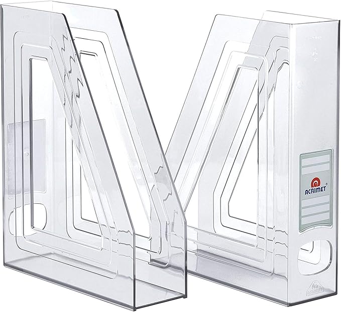 Acrimet Magazine File Holder Bin Storage, Vertical Rack for Documents, Folders and Mail, Durable Plastic Desk Organizer for Office & Home (Clear Crystal) (2 Pack)