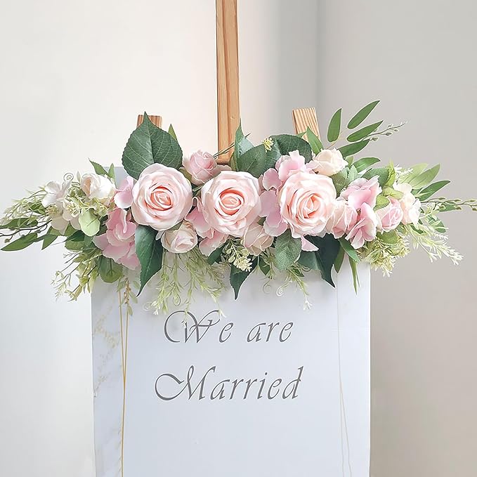 Artificial Flower Swag, Silk Rose Hydrangea Swag Arch Garland, Front Door Decorative Floral Swags, Wedding Arch Flowers, Rustic Artificial Floral Swag for Door Lintel (B)