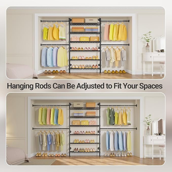 Timate S3X PLUS Closet System, Expandable Wall Mounted Closet with 6 Adjustable Shelves & 4 Expandable Hanger Rods, Industrial Pipe Clothing Rack for Hanging Clothes, Fits Spaces 6'11"- 9'10", Black