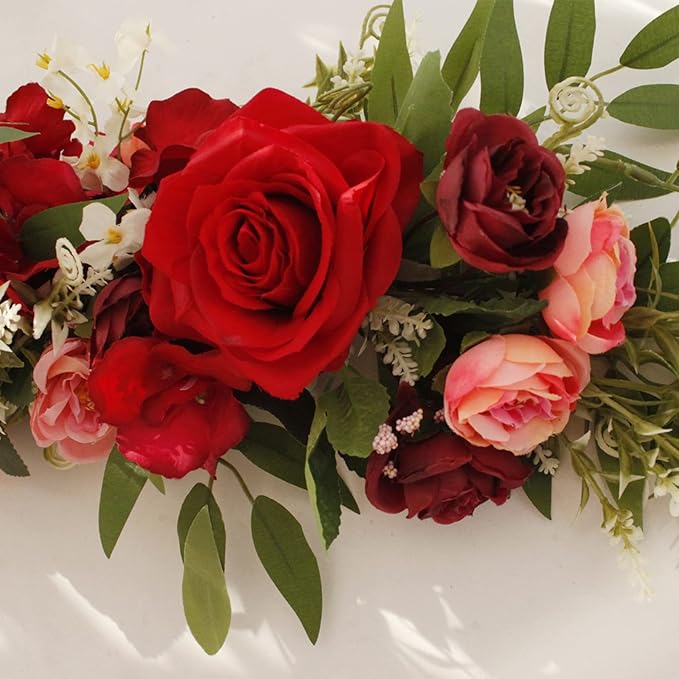 Wedding Arch Flowers, 25.6 Inch Artificial Rose Flower Swag, Decorative Rose Floral Swag for Lintel, Green Leaves Flower Garland for Home Garden Wedding Door Decor (Red)