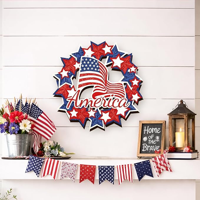 Wooden 4th of July Decorations Patriotic Wreath Independence Day Decorations Front Door with Star Sign Welcome Memorial Day Hanging for Home Wall Decor Outdoor Indoor Red White and Blue Wreath 2