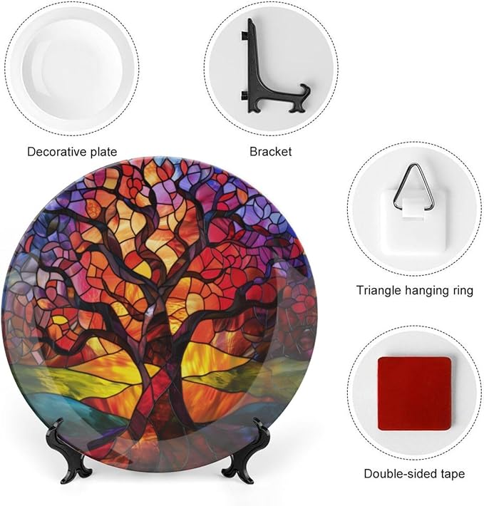 Stained Glass Theme Decorative Ceramic Plate Round Porcelain Plate,7 inch,Tree of Life Pattern,for Decorative Ornaments Giving Plates, 1 Plate with 1 Display Stand,Orange Purple
