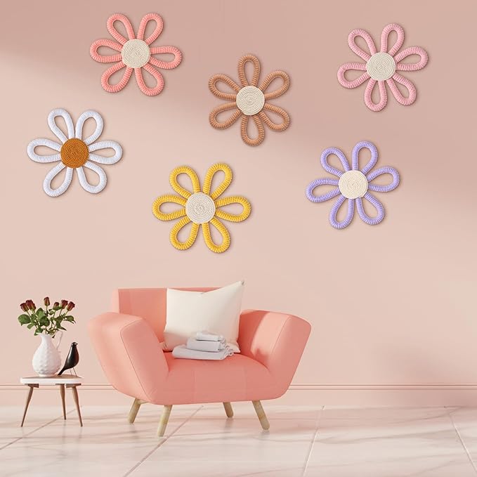 Zeyune 6 Pcs Boho Nursery Daisy Flower Wall Art Decor Woven Macrame Wall Pediments Boho Daisy Floral Nursery Art Decor for Home Bedroom Decorations(Colorful,Yarn and Cotton Rope)