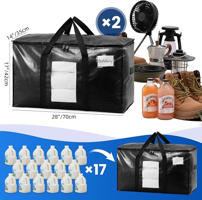 TAILI Extra Large Moving Bags, 2 Pack Black Heavy Duty Totes For Storage with Visible Window, Wrap Around Handles, Storage Bags for Space Saving, Alternative to Moving Boxes