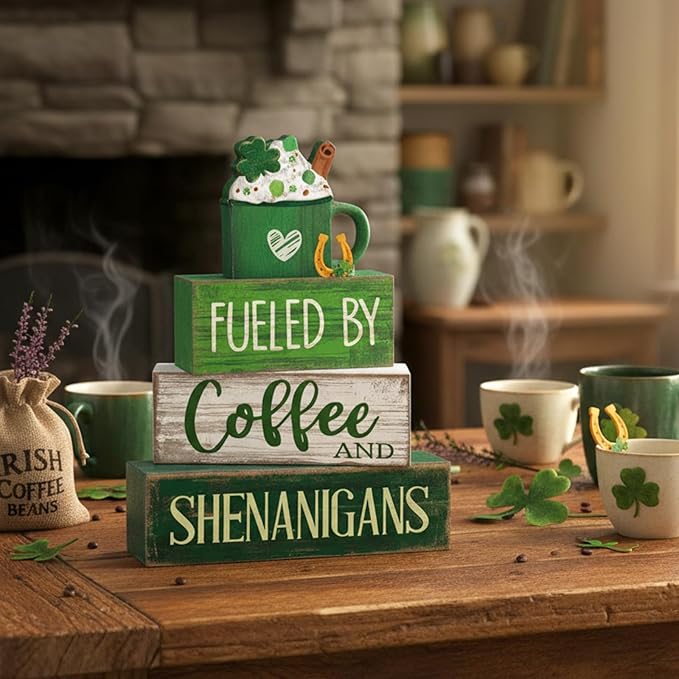 Moucuny 4 Pcs St Patricks Day Table Decoration Wooden Green Ice Cream Cup St. Patrick's Day Tiered Tray Decor Irish Centerpiece Green and White Happy St Patricks Coffee Bar Decor for Home Kitchen