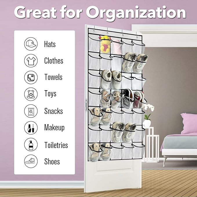 homyfort 35 Large Pocket Over the Door Shoe Organizer, Extra Sturdy Oxford Fabric Hanging Shoe Rack for Door Closet, Wall Mesh Shoe Storage Holder for Mens Women Shoes (White)