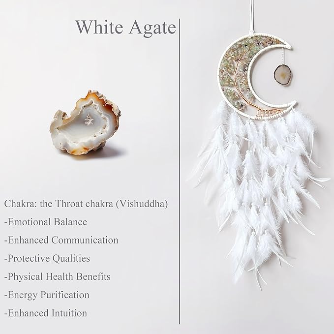 Moon Dream Catchers with Chakra Gemstone Agate Stone, Crystal Tree Life Dream Catchers Wall Hangings Room Decor (White)