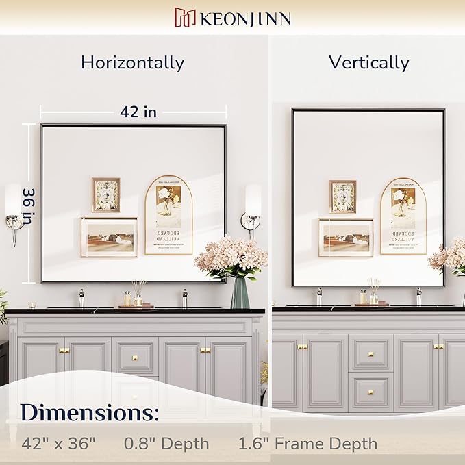 Keonjinn 42 x 36 Inch Black Framed Mirror, Bathroom Vanity Mirror for Wall, Metal Framed Rectangle Bathroom Mirrors, Large Modern Farmhouse Matte Black Mirrors for Over Sink(Horizontal/Vertical)