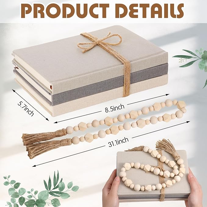 Feifeiya 3 Pieces Faux Decorative Books Set for Home Decor Fake Book for Shelves Coffee Table Stacked Linen Covered Display Notebook with Wood Bead Bookend Gift for Living Room (Classical Grey)