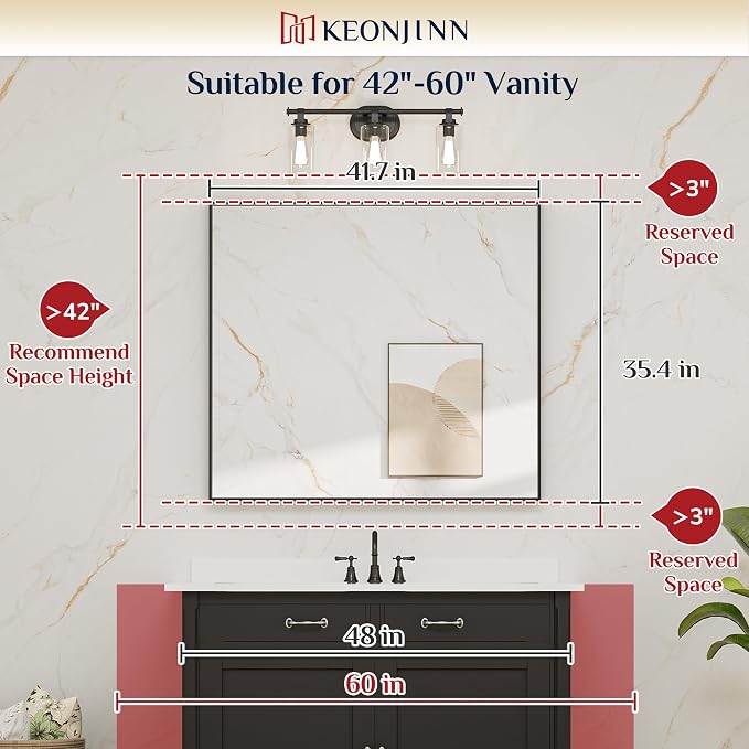 Keonjinn 42 x 36 Inch Black Framed Mirror, Bathroom Vanity Mirror for Wall, Metal Framed Rectangle Bathroom Mirrors, Large Modern Farmhouse Matte Black Mirrors for Over Sink(Horizontal/Vertical)
