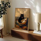 Funny Black Cat Wall Art Whimsical Cat Riding a Shark Wall Decor Picture Unique Animal Ocean Poster Canvas Painting Prints for Bedroom Living Room 12x16 inch Framed