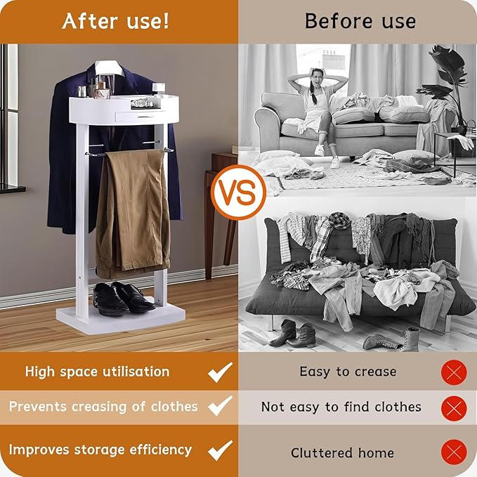 Wood Valet Stand with Drawers, White Men's Valet Stand with Sturdy Base, Suit Valet Stand, Load Capacity 50kg, for Entryway, Bedroom, Office, 17X13.5X42 in (White)