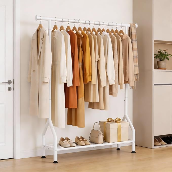 EAGMAK Sturdy Clothing Rack with Shelf, Metal Garment Rack with Leveling Feet for Hanging Clothes, Freestanding Clothes Rack for Bedroom, Apartment & Small Spaces, White