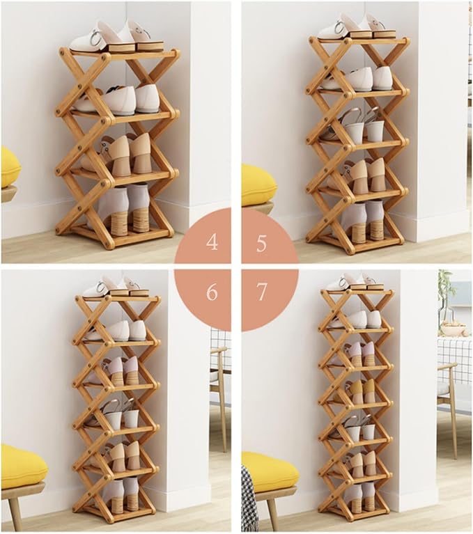 Foldable Shoe Rack, Bamboo Vertical Shoe Organizer Tall for Small Spaces. Multifunctional Narrow Shoe Shelf for Entryway, Closet, Corner, Bedroom, Hallway, Wood Color 7 Layers