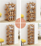 Foldable Shoe Rack, Bamboo Vertical Shoe Organizer Tall for Small Spaces. Multifunctional Narrow Shoe Shelf for Entryway, Closet, Corner, Bedroom, Hallway, Wood Color 6 Layers