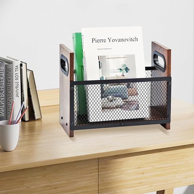 Magazine Holder, Desktop Magazine Rack File Holder Organizer Rustic Storage Basket for Magazines, Books, Newspapers, Tablets (Small)